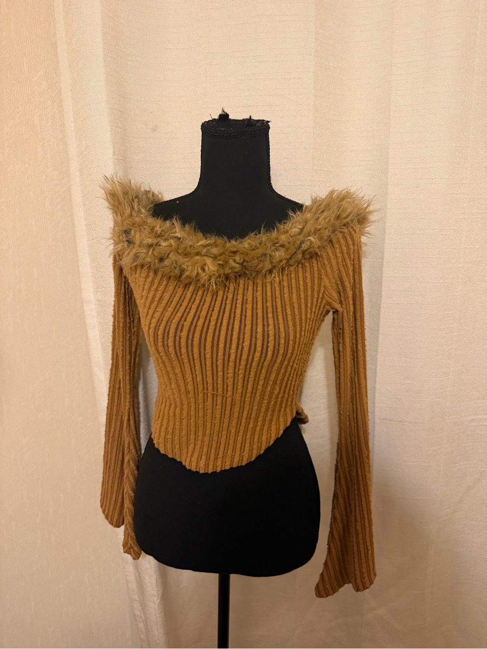 SHEIN Camel Ribbed Off-Shoulder Sweater with Faux Fur Trim